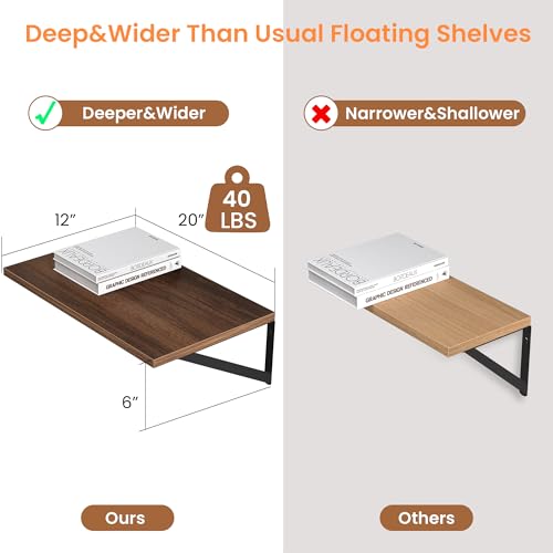 Heimlove 20W x 12D Deep Floating Shelves Set of 2 Walnut - color: Walnut With Black Metal Bracket, size: 20Wx12Dx5.8H