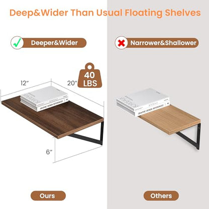 Heimlove 20W x 12D Deep Floating Shelves Set of 2 Walnut - color: Walnut With Black Metal Bracket, size: 20Wx12Dx5.8H