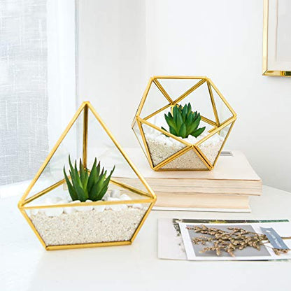 Mkono 3 Pack Fake Succulents in Geometric Glass Terrarium Gold Office Decor - color: Gold,green,clear