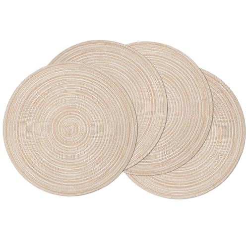SHACOS Round Braided Placemats Set of 4 Washable Place Mats for Dining Tables 15 inch Non Slip Kitchen Table Mats (Beige, 4) - color: Beige, size: Set of 4