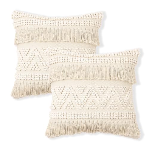 · REDEARTH · Textured Handwoven Throw Pillow Cases - Earthy Fringe Natural - color: Earthy Fringe Natural, size: 18" x 18" (Pack of 2)
