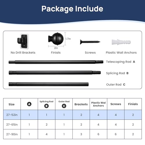 ENJOYBASICS 2 Pack 28-48" No Drill Curtain Rods, Renter Friendly, Black - color: Black, size: 27-52''