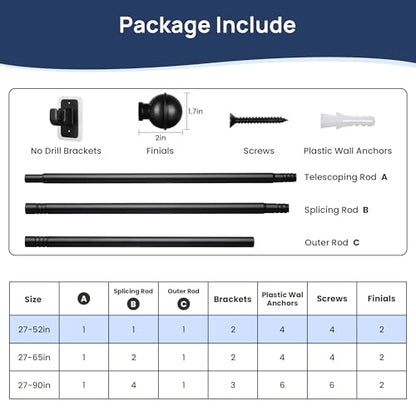 ENJOYBASICS 2 Pack 28-48" No Drill Curtain Rods, Renter Friendly, Black - color: Black, size: 27-52''