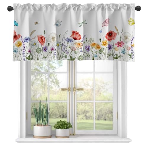 Watercolor Wildflowers and Butterfly Insect Semi Sheer Window Valances - 42"x18" Light Filtering Decor for Kitchen, Living Room - color: Butterfly Flowers, size: 18"W x 42"L (Pack of 1)