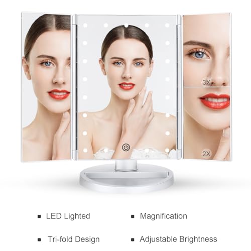 deweisn Dresser Mount Tri-Fold Lighted Vanity Mirror with 21 LED Lights, Touch Screen and 3X/2X/1X Magnification, Two Power Supply Modes Make Up Mirror,Travel Mirror - color: Silver