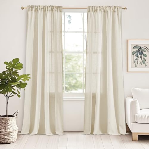 StangH Sheer Linen Curtains 84 inch Length 2 Panels Set, Natural Flax Linen Semi Sheer Curtains Soft Breathable Light Filtering Farmhouse Drapes for Living Room Sliding Door, W55 x L84