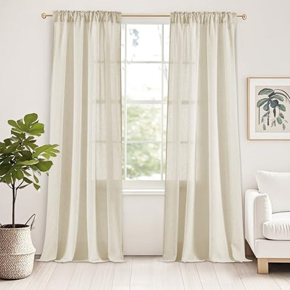 StangH Sheer Linen Curtains 84 inch Length 2 Panels Set, Natural Flax Linen Semi Sheer Curtains Soft Breathable Light Filtering Farmhouse Drapes for Living Room Sliding Door, W55 x L84