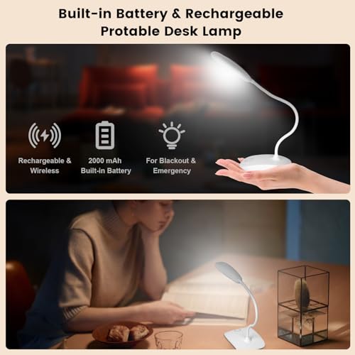 Portable Battery Powered Desk Lamp Small Rechargeable LED Table Light - color: White (2PACK)
