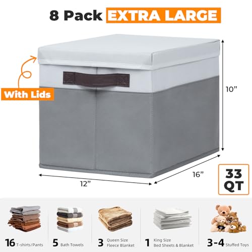 Extra Large Storage Baskets with Lids 8 Pack, 33 QT Blanket Basket for Organizing/ Stackable Decorative Closet Organizers and Storage Box for Clothes Towels/ Toy Organizers Bins with Handles/ 16x12 - color: White with Grey, size: 8pcs-Extra Large