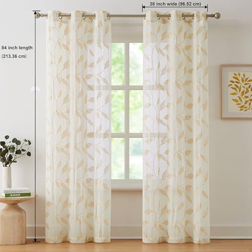 Bujasso Embroidered Leaf Sheer Curtains, Gold 38" Wx84 Lx2 - color: Gold, size: 38"W x 84"L (Pack of 2)