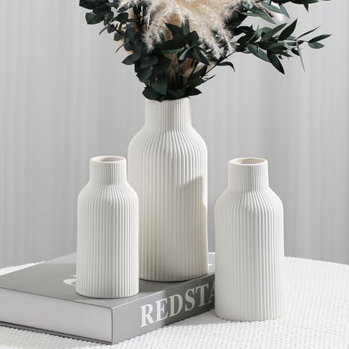 Bohemian White Ceramic Vase - for Pampas Grass, Mantel, Bookshelf, Entryway and Living Room Decor (White, Set of 3) - color: White, size: Set of 3-Round