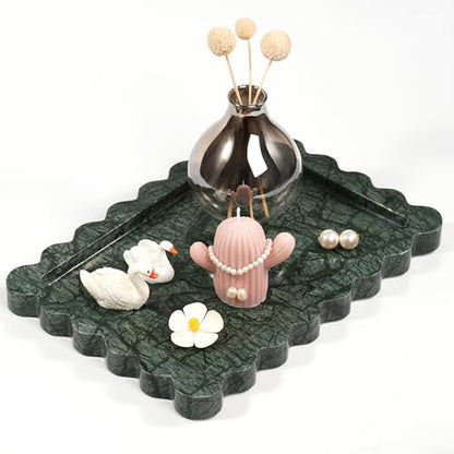 Scalloped Green Marble Tray - Large Home Decorative Stone Vanity Perfume Candle Plates for Bathroom Accessories Coffee Table, Key Dish for Kitchen Countertop Entryway (10.6" x 7.4" x 0.8")