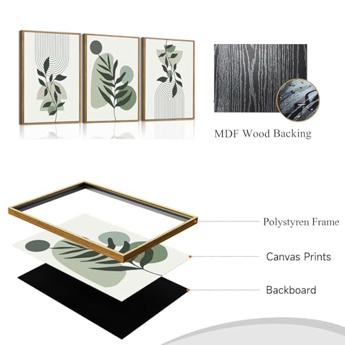Boho Line Leaf Abstract Framed Canvas Wall Art Set of 3, 12x16 inch - color: Line Leaf, size: 12"x16"Natural