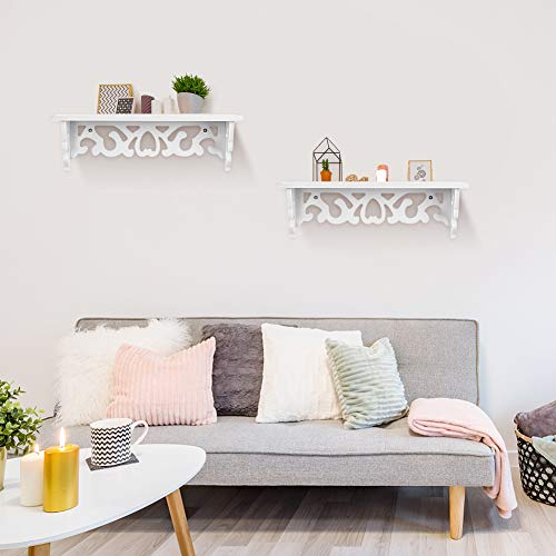 Ejoyous Wall Mounted Floating Shelf, Wood Wall Carved Design Storage Shelve Rack Organizer, Space Saving Display Ledge, Hanging Shelf for Home School Office Bedroom Dormitory(14.57"*3.94"*1.57")-White