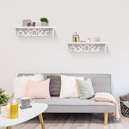Ejoyous Wall Mounted Floating Shelf, Wood Wall Carved Design Storage Shelve Rack Organizer, Space Saving Display Ledge, Hanging Shelf for Home School Office Bedroom Dormitory(14.57"*3.94"*1.57")-White