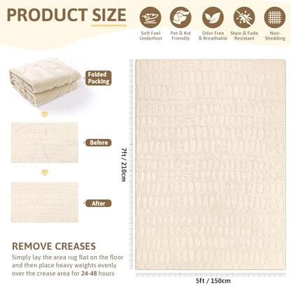 Yamaziot Washable 5x7 Area Rugs for Living Room Textured Non Slip Rug Beige - color: Beige, size: 5' x 7' (Rectangular)