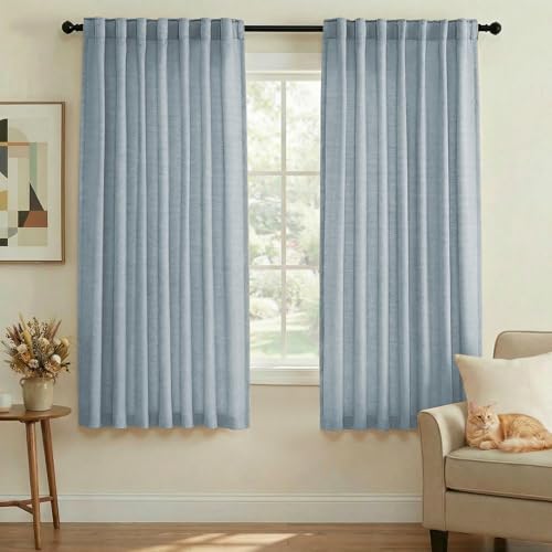 PrinceDeco Linen Semi Sheer Curtains for Bedroom/Living Room,52x63,Blue - color: Blue, size: 52"W x 63"L (Pack of 2)