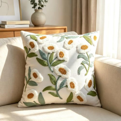 Green Daisy Floral Embroidered Spring Throw Pillow Cover 18"x18" Set of 2 - color: Floral Green