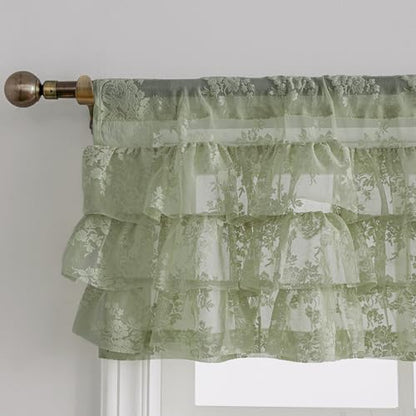 Kotile Sage Green Ruffle Lace Valance for Windows W52 x L18 Inch, 1 Panel - color: Sage Green - Ruffle Lace