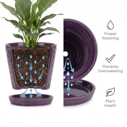 EFISPSS Ceramic Plant Pots, 5 Inch Planters with Drainage Holes and Ceramic Tray, Relief Design Flower Planter, Desktop Office Windowsill Decoration Gift Set of 4 - Purple - color: Purple