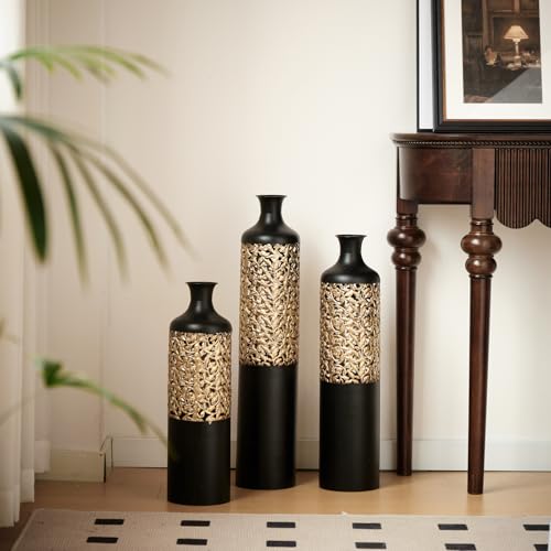 Metal Tall Floor Vase Set of 3, Large Gold Vase Decorative Tall Stand Vases for Dried Flower, Modern Home Decor for Living Room, Hallway, Wedding Centerpiece, 20.8"/24.8"/28.7", Gilded Relief Black - color: Gilded Relief Black