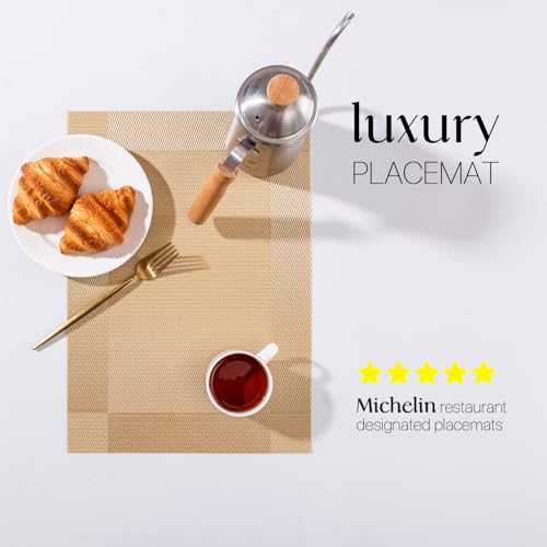 LEXMORE Placemats Set of 6 Vinyl/Plastic Woven Place Mats for Kitchen Table Indoor/Outdoor Washable Placemat Wipeable Dining Table Mats(Gold Cube) - color: G-gold Cube