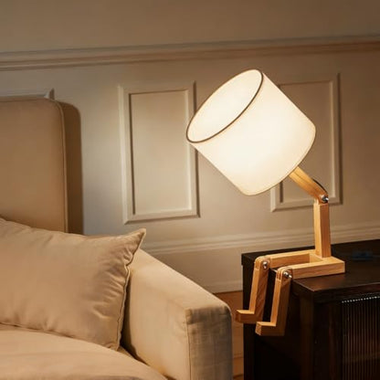 Robot Bedside Lamp, Fabric Lampshade Match Foldable Solid Wood Body, Creative E27 Screw Table Lamp for Bedroom Living Room - style: Modern