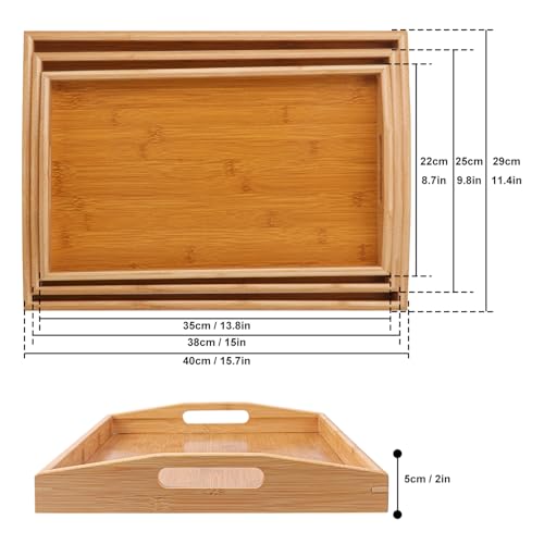 3 PCS Bamboo Serving Tray, 3 Size Nested Breakfast Bed Tray with Handle, Wood Serving Tray for Serving, Breakfast Bed Trays for Eating, Decor, Displaying Cake, Fruit - size: 3 PCS - 3 Sizes