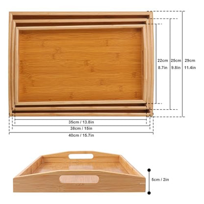3 PCS Bamboo Serving Tray, 3 Size Nested Breakfast Bed Tray with Handle, Wood Serving Tray for Serving, Breakfast Bed Trays for Eating, Decor, Displaying Cake, Fruit - size: 3 PCS - 3 Sizes