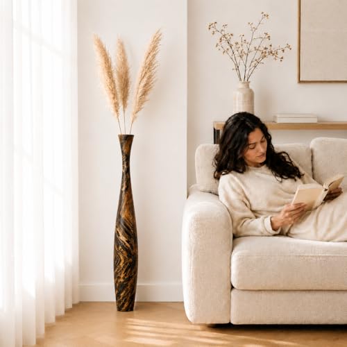 Leewadee Large Brown Light Brown Home Decor Floor Vase – Wooden 34 inches Tall Farmhouse Decor Flower Holder for Fake Plant and Pampas Grass - color: Brown, Light Brown, size: 34 inches
