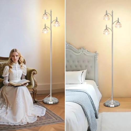 JUNNAI Brushed Nickel Floor Lamp 66.5'' Tall Standing Lamp Dimmable Tree Floor Lamps with 3 LED Lights Glass Shades Silver Lamp for Living Room Bedroom Office(3 Bulbs Included) - color: Silver