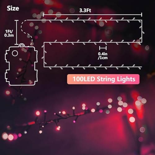 3.3ft Short Battery Operated String Lights, 100 LED Twinkle Lights with Timer & 8 Modes, Waterproof Mini String Lights for Indoor Christmas Tree, Bedroom and Party Decor (Pink & White) - color: Pink