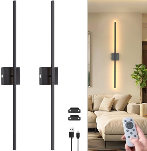 NIORSUN 35 Inch Battery Operated Wall Sconce Set of 2, 360° Rotation Black Rechargeable Wall Lights with Detachable Tube and Remote, 3CCT Dimmable Wall Lamp for Living Room Bedroom Hallway - color: Black, size: 35 Inch