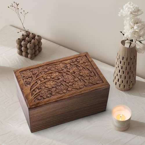 Wooden Cremation Box for Human Ashes Adult, Tree of Life Urn Box, 200 Cu in - size: Large - 200lbs