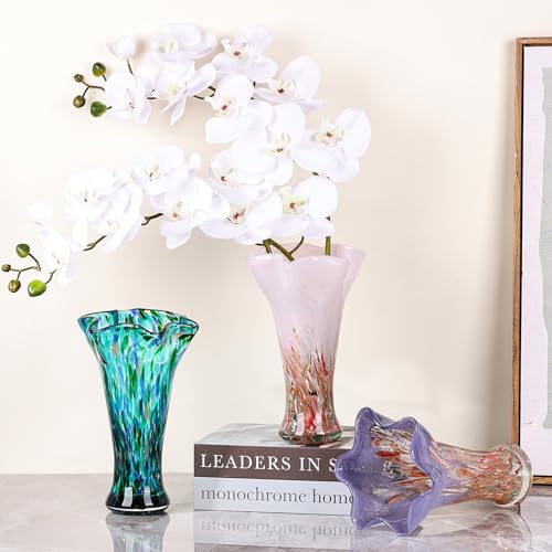 9.0" H Pink Red Glass Vases for Flower, Unique Hand Blown Glass Vase - color: Pink Red