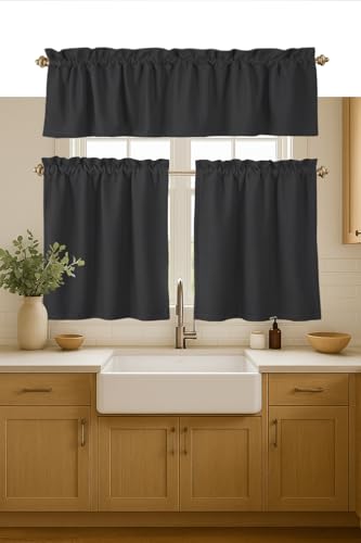 Native Fab 3 Pieces Window Curtain Tiers 26"x36" and Valance 54"x18" Set - Rod Pocket - Semi Sheer - Farmhouse Short Curtain for Kitchen, Bedroom, Bathroom - Grey - color: Grey