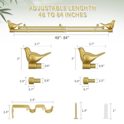 3/4" Diameter Farmhouse Double Window Treatment Curtain Rod, Bird Finials (48"-84", Gold) - color: Gold, size: 48"-84"