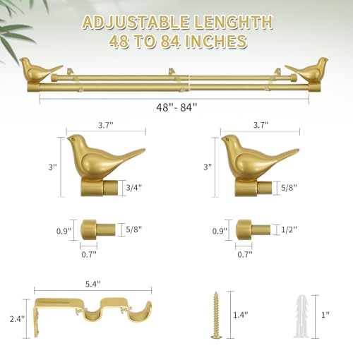 3/4" Diameter Farmhouse Double Window Treatment Curtain Rod, Bird Finials (48"-84", Gold) - color: Gold, size: 48"-84"