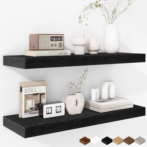 Fun Memories 24 Inch Floating Shelves - Deep Rustic Black Wooden Wall Shelves - Extra Deeper & Thicker Wall Mounted Storage Shelf for Bedroom, Kitchen, Farmhouse - 2 Pack, Rustic Black - color: Black, size: 23.6"L x 8"D