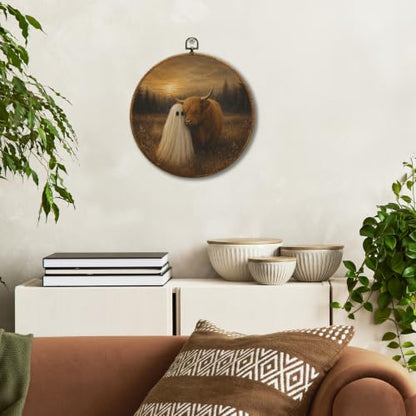 JUIOEIU Fall Halloween Ghost Highland Cow Round Wall Decor 995 - color: Ghost Highland Cow