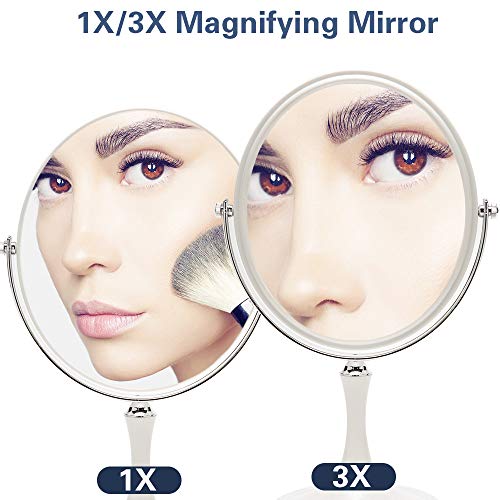 YEAKE Vintage Table Mirror with Stand 8-inch Double Sided Swivel 1X/3X Magnification Desk Mirror with Silver Style 13 Inch Height Standing Tabletop Makeup Vanity Mirror(Oval) - color: White & Silver(1/3x Magnifying Makeup Mirror)