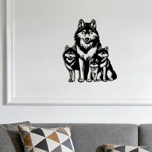 Maoerzai Geometric Wolf Family Metal Wall Art Decor, Perfect for Living Room, Office, Bedroom Entrance (Black - 12 x 14 Inch)