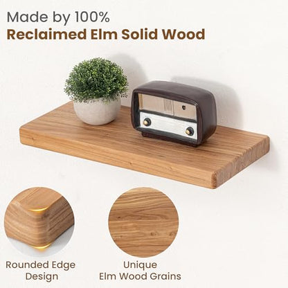 Floating Shelves for Wall, 18"Wx8"D Elm Wood Shelves, Set of 2, Natural - color: Natural, size: Round Edge, 18inch, 2Packs