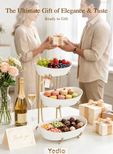 Ceramic Fruit Bowl for Kitchen Counter, 3 Tier Fruit Basket Rack - color: Gold, size: 3 Tier
