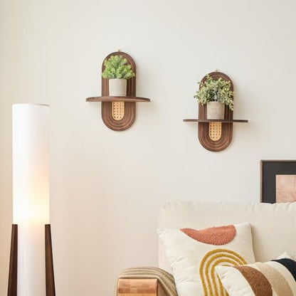 Floating Rattan Shelves for Wall Set of 2, Mid Century Modern Wall Plant Holder, Boho Wall Decor for Home, Bedroom, Living Room, House, Apartment