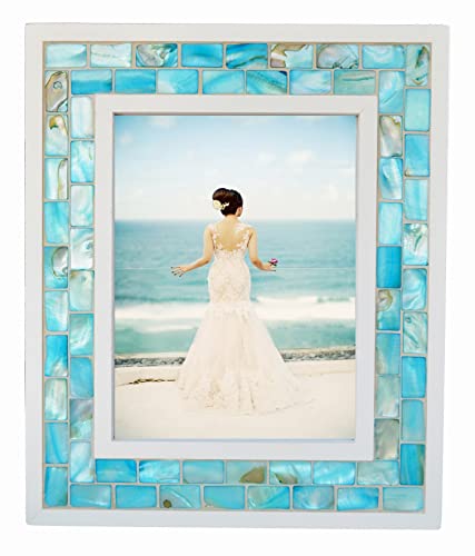 Beach Picture Frame 6x8,Mother of Pearl Photo Frame,Blue,1pc | Tabletop or Wall Hanging,Mosaic Glass 6 by 8 Picture Frame For Anniversary,Mother's Day,Birthday,Wedding or Christmas - color: Blue, size: 6x8 Inch