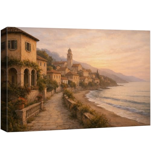 wall26 Canvas Print Wall Art Peaceful Italian Seaside Village at Dusk Coastal Landscape Photography Realism Chic Landscape Colorful Multicolor for Living Room, Bedroom, Office - 12"x18" - color: A33-2512-SAR07, size: 18"L x 12"W