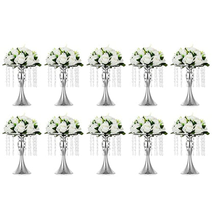 NUPTIO Tall Vase Table Centerpiece, 10.2", Silver, 10 Pcs | Crystal Metal Flower Holder Stand, for Wedding Reception, Tables, Road Lead, Party - color: Silver, size: 10 x S