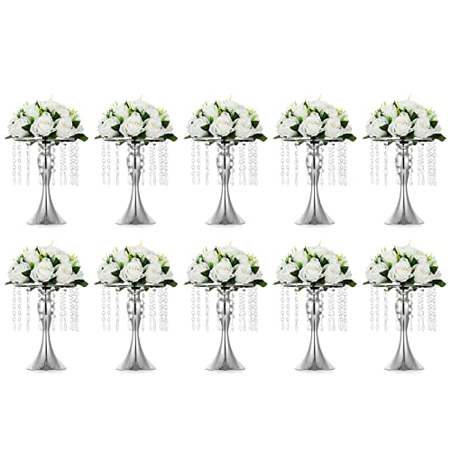 NUPTIO Tall Vase Table Centerpiece, 10.2", Silver, 10 Pcs | Crystal Metal Flower Holder Stand, for Wedding Reception, Tables, Road Lead, Party - color: Silver, size: 10 x S
