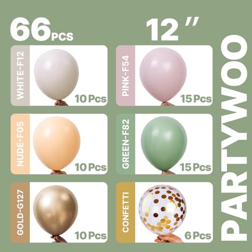 PartyWoo Pink and Green Balloons 66pcs 12 Inch Gold White Green Balloons - color: Green-3326